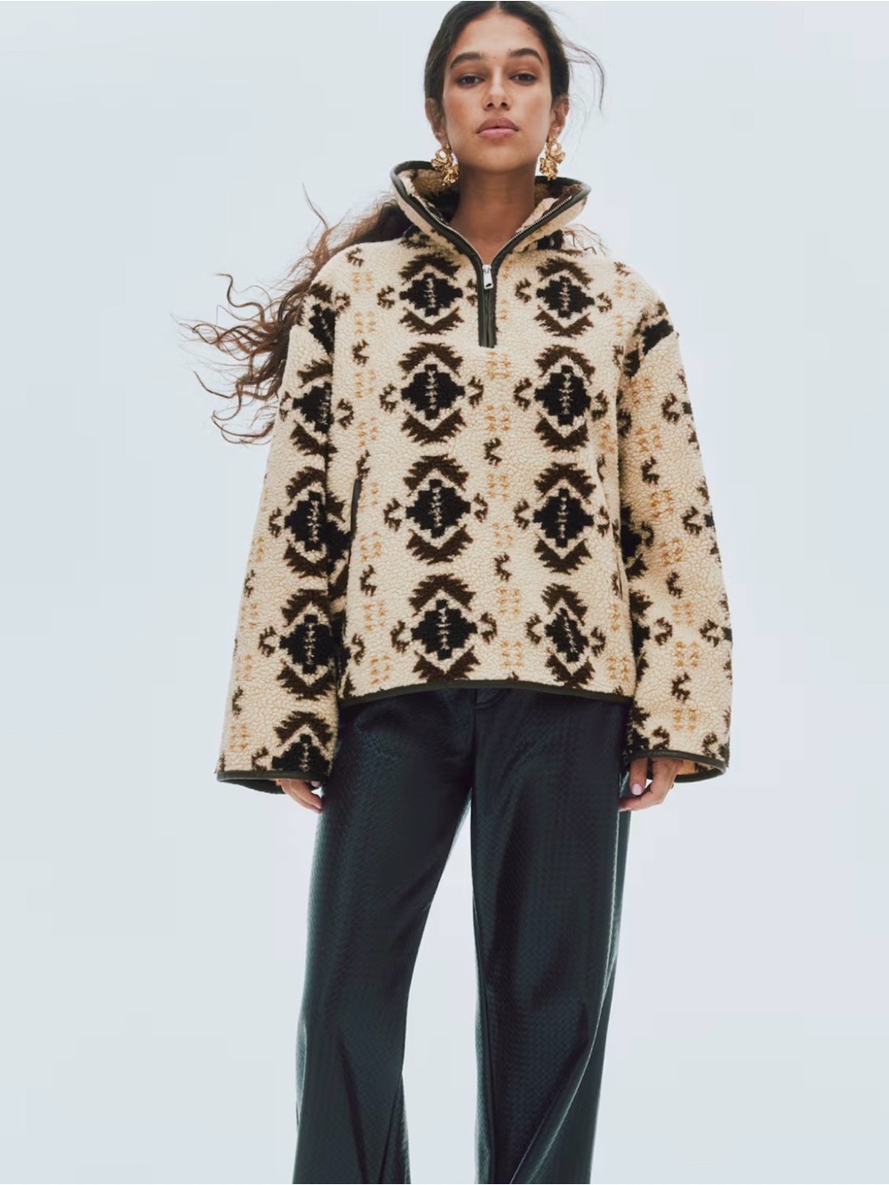 H&M Teddy Sherpa Half-Zip Pullover - Cream & Brown - Picture 4 of 9